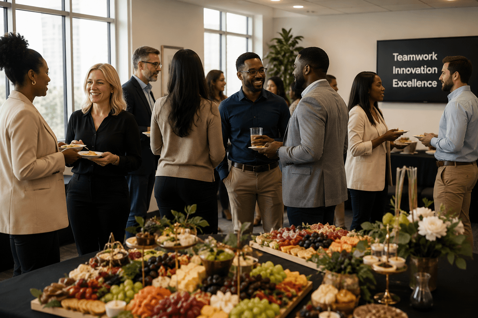 A curated corporate grazing display showcasing volume and preferred pricing options from Rich & Rustic Charcuterie.